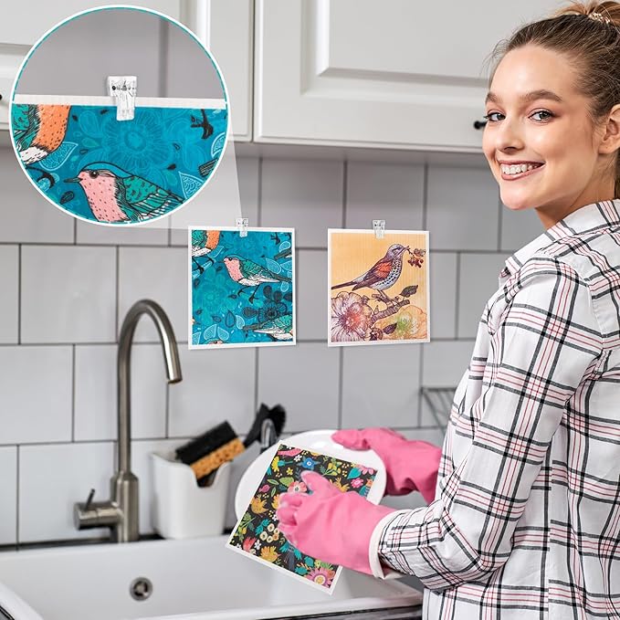 Needbrock 6 Pack Swedish Dishcloths for Kitchen, Swedish Rags Absorbent Retro Bird Dish Cloths Dish Towels with Adhesive Clips, Reusable Paper Towels No Odor for Countertop Dishes Kitchen