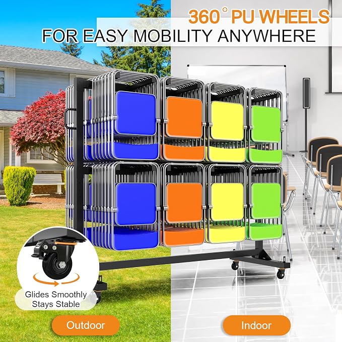 Specraft Folding Chair Rack, Holds 12 Tables or 112 Chairs, 1250 lbs Capacity, Heavy-Duty Cart with Wheels, Elastic Cords, Cover, Glossy Black