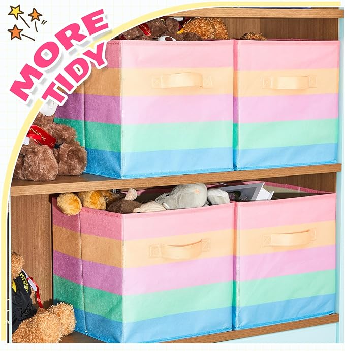Yinder 12 Pcs Cube Storage Bin Rainbow Colorful 10.5''x10.5''x11'' Storage Bins for Playroom Decor Colorful Bins for Kids Foldable Baskets for Nursery Organizer Boxes Fabric Boxes