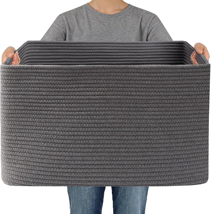 JMvicyroam Woven Blanket Basket,96L Large Storage Bin for Blankets Toys Clothes,Decorative Rope Basket for Living Room Bedroom with Handles, Grey