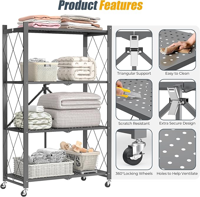 4 Tier Folding Storage Shelf with Wheels – Heavy Duty Metal Organizer Rack, No Assembly Utility Shelving Unit with Locking Casters for Garage, Kitchen, Pantry, Basement, Office (Gray-A, 4 Tier)