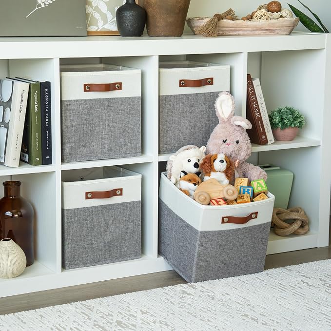 OrganiHaus 11x11 Cube Storage Bins, Set of 4 - Fabric Storage Cubes | Sturdy, holds its shape; odor-free; fits ClosetMaid 11-inch shelves; vegan leather handles