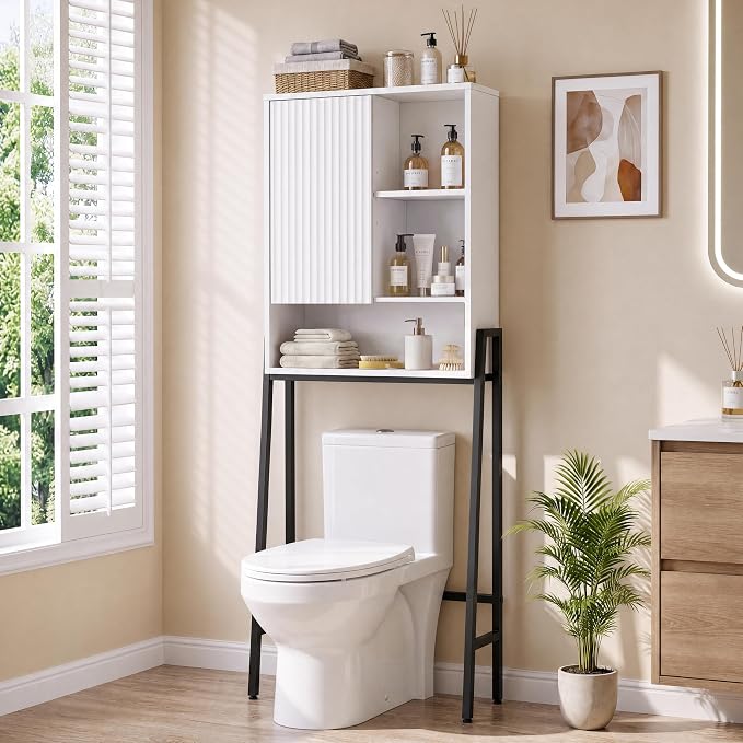 24" W Over The Toilet Storage Cabinet with Fluted Door,Bathroom Organizers and Storage with Adjustable Shelves, Modern Over Toilet Organizer for Bathroom,Restroom,Laundry,White