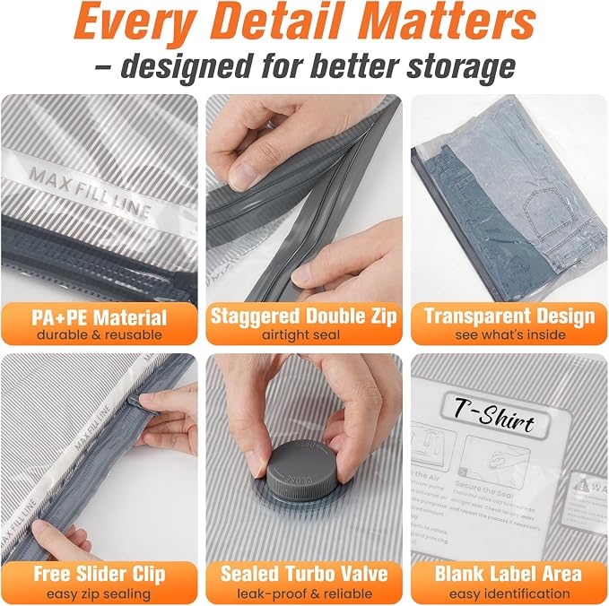 Vacuum Storage Bags for Travel with Cordless Pump, Space Saver Bags for Clothes, Compression Packing Bags for Luggage, 9 Combo Size