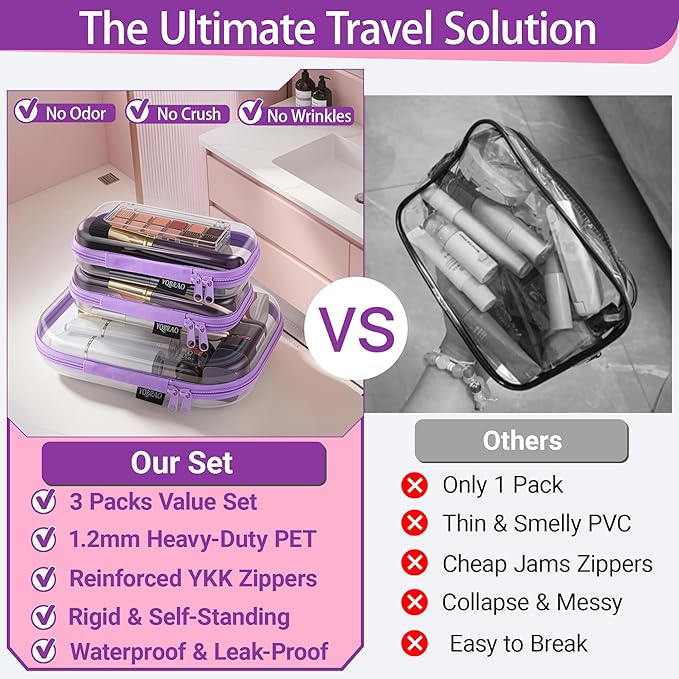 YQBRAO Clear Hard Shell Organizer Cases, 3-Pack, Purple | Rigid 1.2 mm PET organizers with multi-size design for cosmetics, travel storage, and everyday essentials