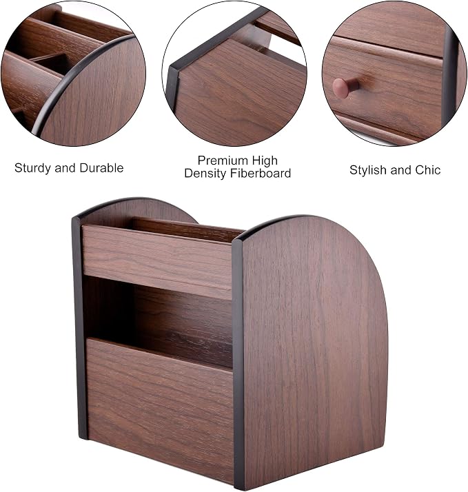Siveit Wooden Desktop Organizer with Drawer, Multifunctional Office Supply Storage - Remote Control Caddy Holder