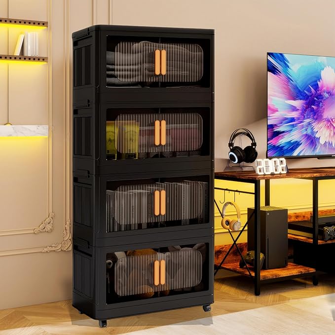 Foldable Storage Cabinet，Plastic Cabinet，Stackable Storage Bins， Open Front with Magnetic Door and Wheels (Extra Large-4Tiers)