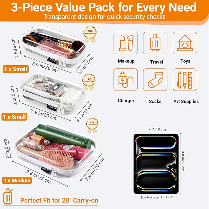YQBRAO Clear Hard Shell Organizer Cases, 3-Pack, White | Rigid 1.2 mm clear PET organizers with multi-size design for travel, home storage, and everyday essentials.