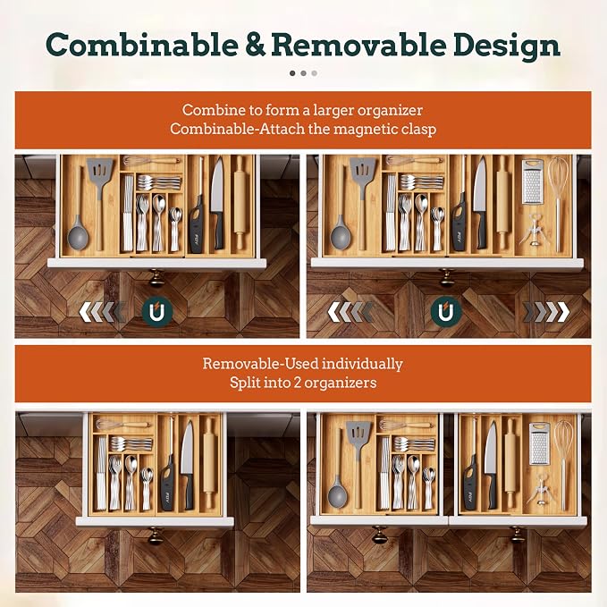 Silverware Organizer Large, Magnetic Connected Expandable 11 Slots Silverware Drawer Organizer From 21 to 37.4 Inches, Adjustable Flatware and Cutlery Holder, Bamboo Utensil Tray for Kitchen Natural