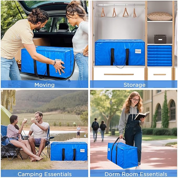 BETU Extra Large Moving Bags Heavy Duty Storage Bags with Zipper Handles, 16 Pack Clothes Storage Totes Bins Packing Moving Boxes, Moving Supplies for College Dorm Essentials, Space Saving, Blue