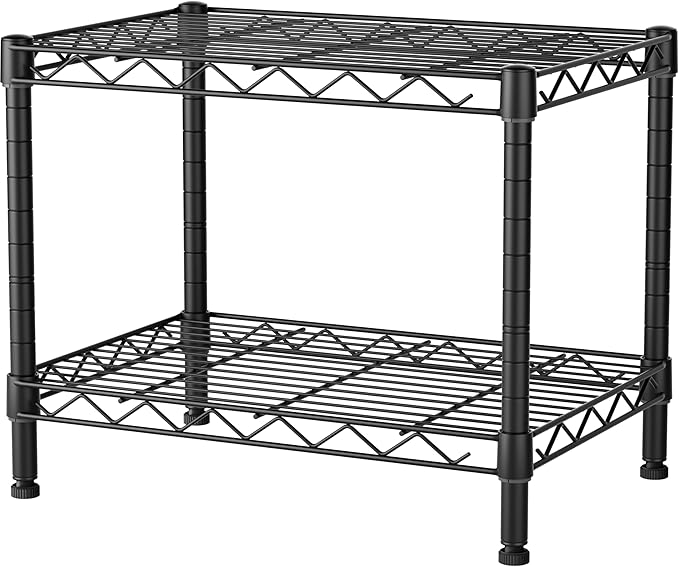 Golpart Small 2 Tier Shelves Storage Wire Shelving Unit Metal Shelf Gasket | 2 tier Shelving Adjustable Organizers Storage Shelving for Bathroom Laundry Room Kitchen Pantry 11.7”D x 17.7”W x 12”H Black