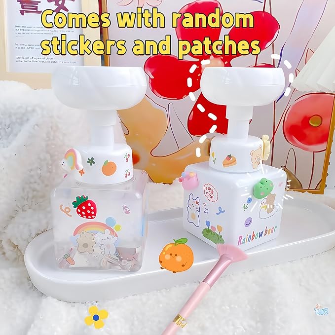 Flower Foam Dispenser Pump Bottle-250ml Reusable Plastic Soap Dispenser for Shampoo, Hand Soap&Bath, Includes Cute Stickers, Perfect for Kids Bathroom Or Kitchen (Transparent)