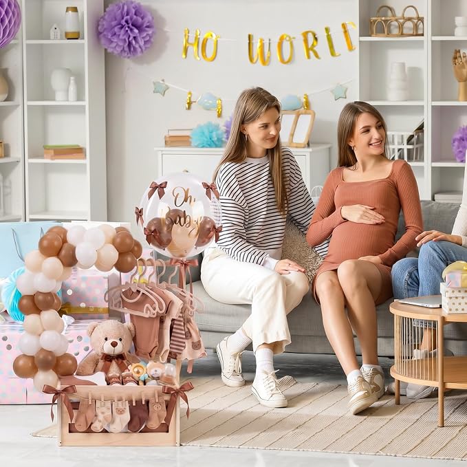 Wooden Baby Shower Crate Closet with Hanger Rack, Brown Bow Baby Gifts Basket with Balloon Accessories, DIY Babies Welcome Box for Pregnancy New Parent