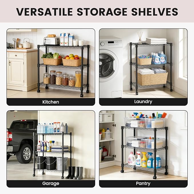 Xcity Storage Shelves, 3 Tier Heavy Duty Metal Shelving Unit with Wheels, 1050 LBS Adjustable Steel Wire Shelf for Commercial, Pantry, Kitchen, Garage, 14" D x 24" W x 30" H, Black