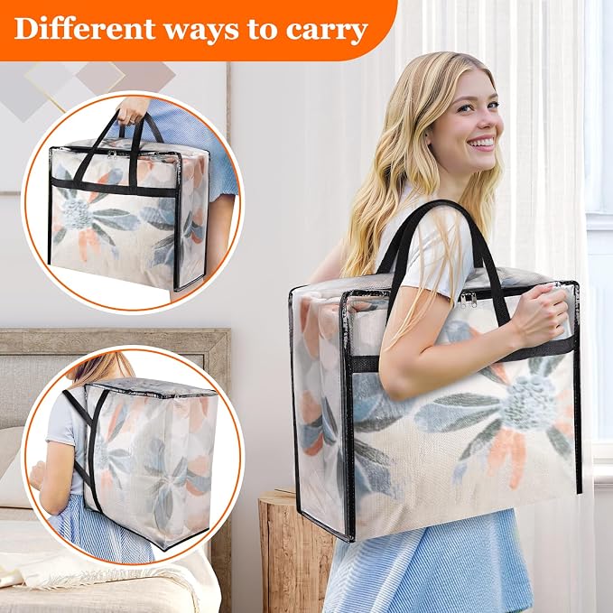 TasticTotes 8 Pack Clear Storage Bags for Comforter, Clothes & Bedding, 40L | Plastic Blanket Storage with Zipper & Handle, Foldable Moving Bags, Closet Organizer and Under-Bed Storage Containers