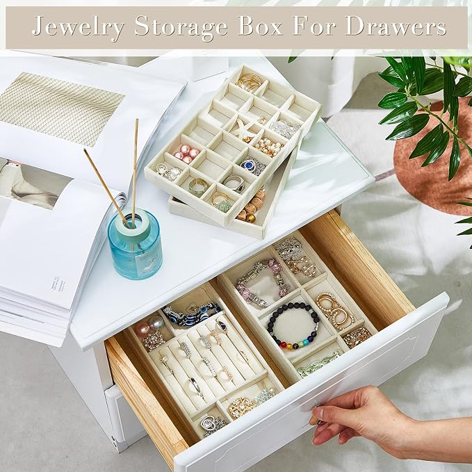 Junkin 18 Pcs Jewelry Drawer Organizer Inserts, Stackable Jewelries Inserts for Dresser Drawers, Drawer Insert Organizers Velvet Jewelry Trays for Rings Earring Bangle Necklace(Beige)