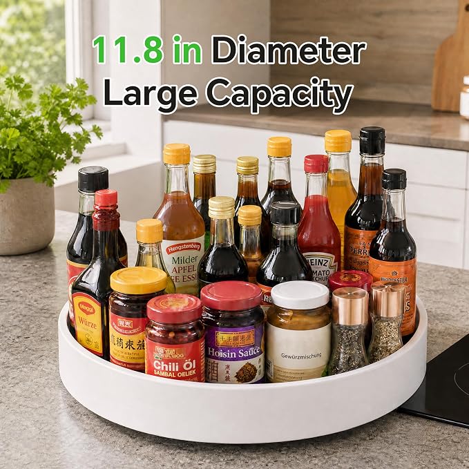 CTIME 2-Pack Lazy Susan for Refrigerator, 11.8" White Lazy Susan Spice Rack | 360° Rotating, Non-Slip Base, 2in Raised Edge, for Kitchen, Pantry & Refrigerator