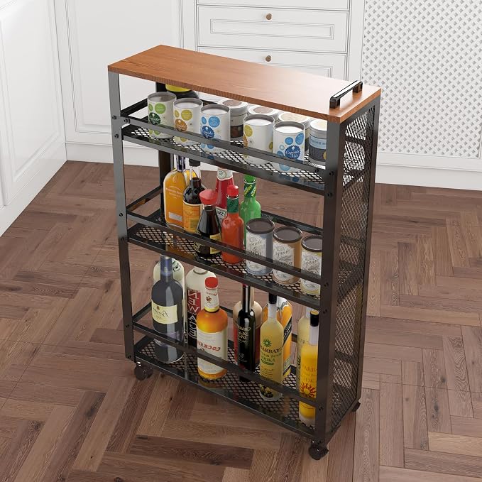 2026 New, Slim Kitchen Storage Cart, 3-Tier Metal Rolling Utility Cart Mesh Basket, Multifunction Wire Basket Shelf Trolley for Home Laundry, Bathroom, Living Room, Black