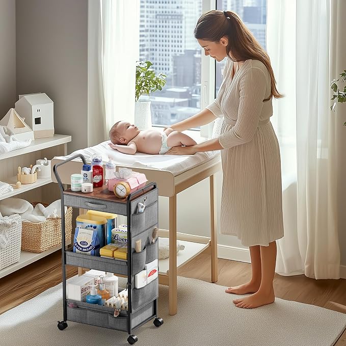 BBLIKE 3-Tier Diaper Caddy Organizer - Rolling Utility Baby Cart with Drawer and Side Pockets for Nursery and Baby Essentials, Multi-Function Cart for Bedroom and Bathroom, Gray