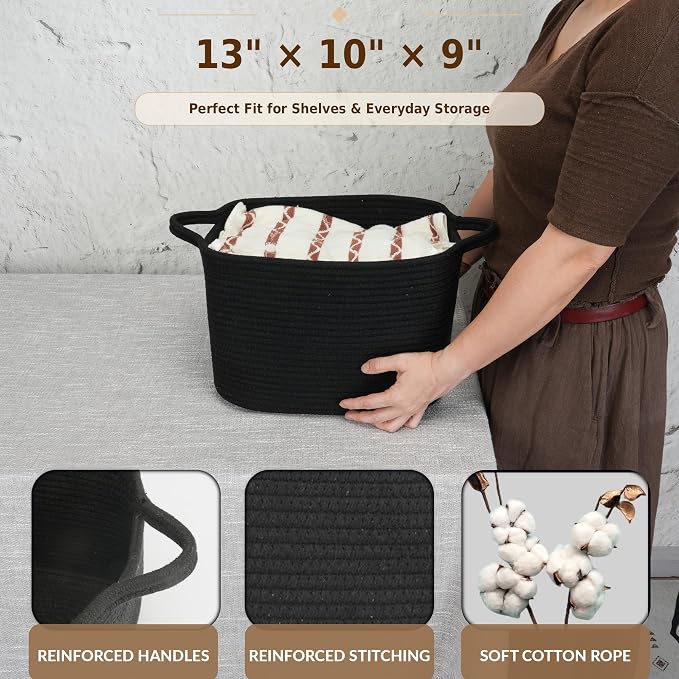 XUANGUO Woven Cotton Rope Storage Basket with Handles 13x10x9 inch Black | Woven cotton rope basket for shelves and closets. Perfect for toys, books, clothes, nursery storage and gift baskets.