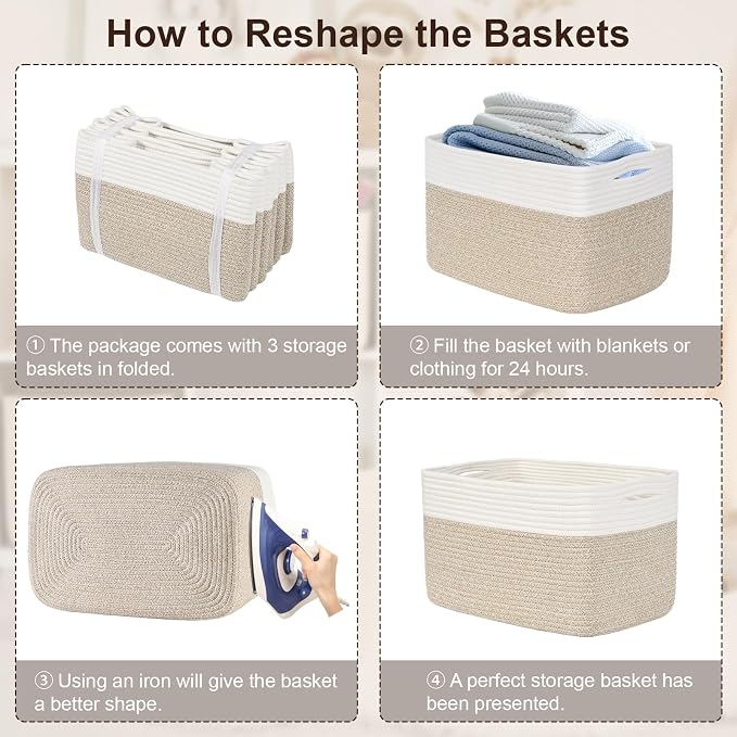 Baskets for Organizing,Storage Baskets,3 Pack Baskets for Shelfves,15"×10"×9" Woven Basket,toy storage bins,bins for organization