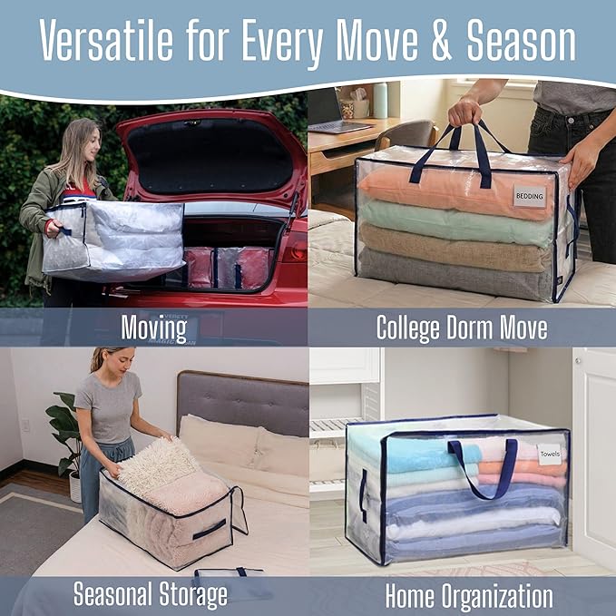 VENO 2 Pack Clear Extra Large Moving Bags & Storage Totes, Heavy Duty Organizer with Reinforced Handles & Strong Zippers for Clothes, College Dorm Essentials, Moving Supplies