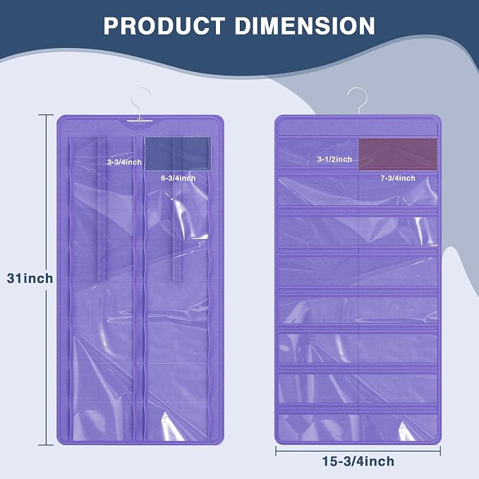 Hanging Sunglasses Organizer and Storage, 32 Slots Jewelry Holder, Purple | Protect eyewear from dust with double-sided clear compartments; roof design hangs on wall, door or closet for home/RV travel.