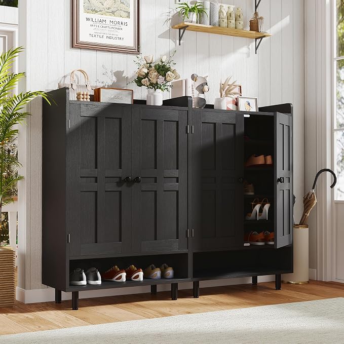 Farmhouse Shoe Cabinet with Doors, 6-Tier Wooden Shoe Organizer with Adjustable Shelves, Entryway Storage Cabinet, Rustic Shoe Storage for Entryway or Living Room (Black)