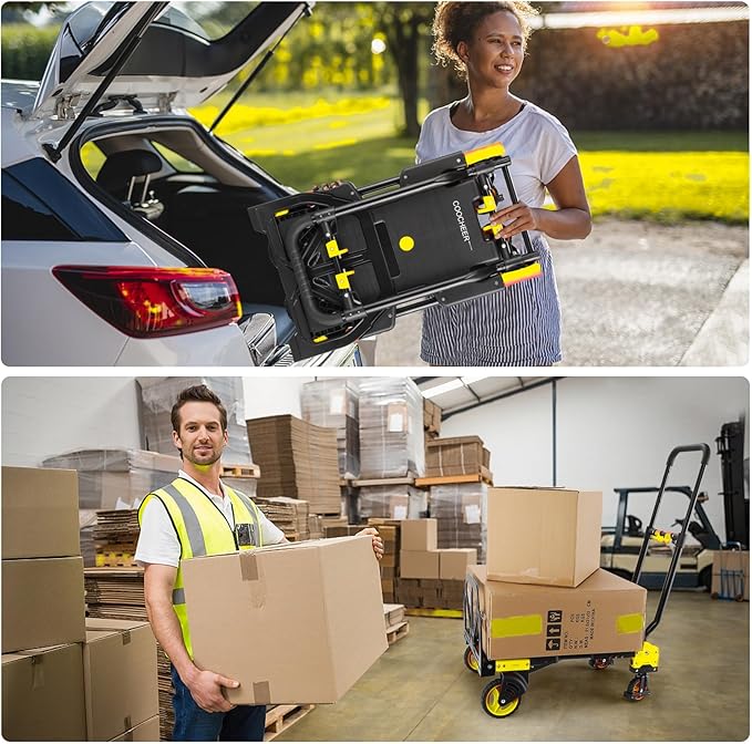 330LB Folding Hand Truck Heavy Duty Carrying, Combination of Four Wheels and Two Wheels Convertible Dolly Cart with Retractable Handle Dolly for Moving Office Carts(Yellow)