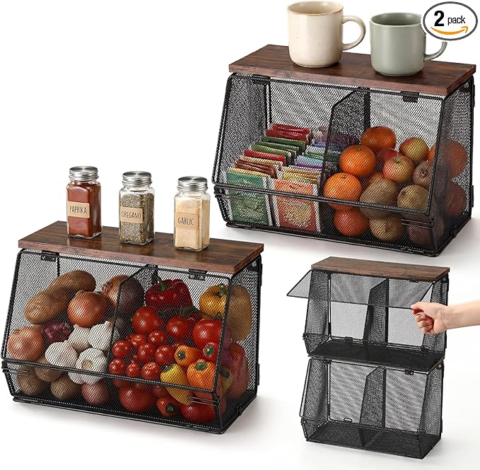 Teenyyou 2 Pcs Stackable Mesh Fruit Basket with Lid Wall Produce Vegetable Storage Basket Onion Potato Hanging Metal Wire Container for Kitchen Counter Pantry (Divided,Black,8.3"w & 13.8"L)