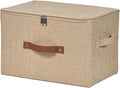 Storage Bins with Zipper Lid Cotton Linen Fabric Lidded Storage Baskets Boxes Foldable Washable Closet Shelf Clothes Organizer Container with PU Leather Handles (Linen, Large)