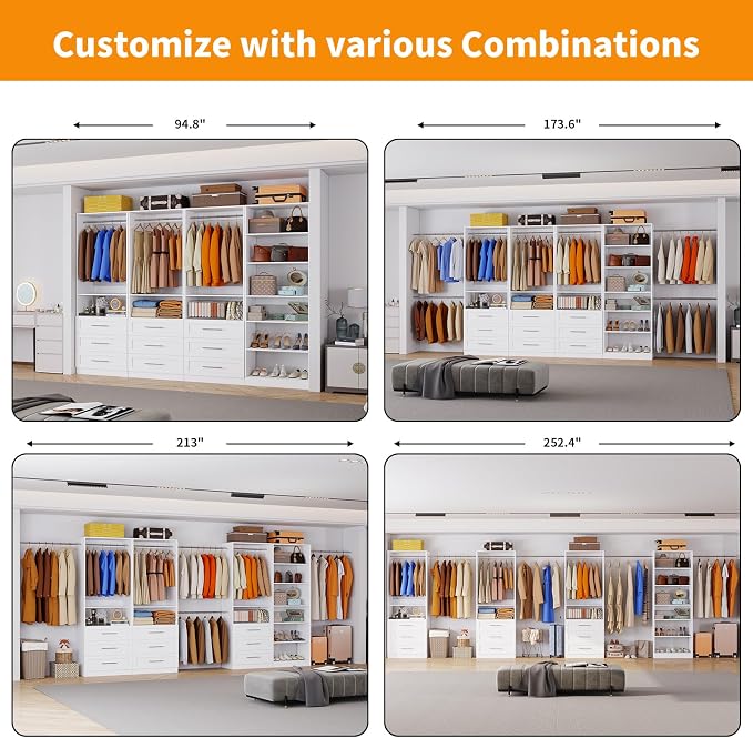 Closet System with 4 Sets, 8FT-21FT Closet Organizer Systems with 9 Drawers 9 Shelves & 5 Hanging Expandable Rods, Walk in Closet Standalone Small Corner Modular Closet Storage System White (8FT)