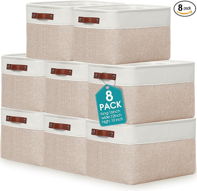 Uiifan 8 Pack 16 x 12 x 10 Inch Large Storage Baskets Collapsible Fabric Storage Cubes Bins with Handles for Shelves Closets Nursery Home Clothes Toys Organizers, Beige