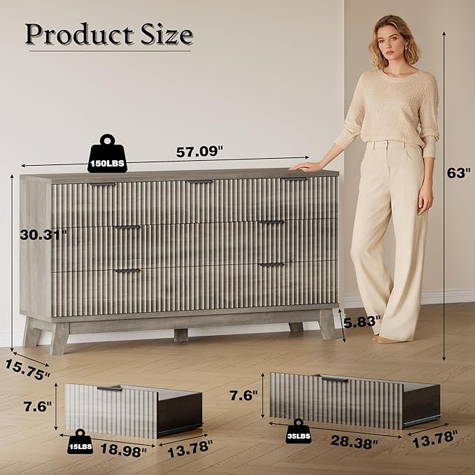 BORNOON 57" Long Dresser for Bedroom, 7-Drawer Fluted Chest, Wide Wood Storage Dresser with Metal Slides and Handles, Stable Base, Modern Clothes Organizer for Primary Suite, Guest Room, Nursery