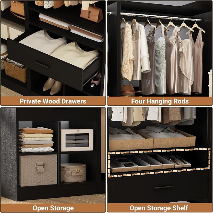Unikito 86" Corner Closet System, Modular Closets Organizer with 4 Hanging Rods & Corner Tower, Freestanding L-Shaped Walk-In Wardrobe Organizer, Set of 3, Black