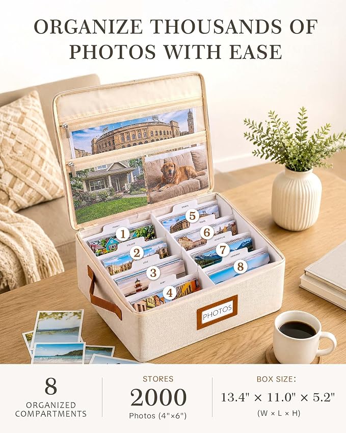 FANGSUN Photo Storage Box with Lid, Stores 2000+ 4x6 Pictures, Dual Mesh Pockets for Larger Prints, Linen Photo Organizer with Dividers, Labels & Side Handle for Family and Travel Memories