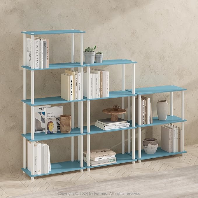 Furinno Turn-N-Tube Book Shelf, 5-Tier Bookshelf, Bookcase with Multipurpose Compact Display Rack, 11.6 x 23.6 x 57.4, for Living Room, Bedroom, Home Office, Light Blue/White