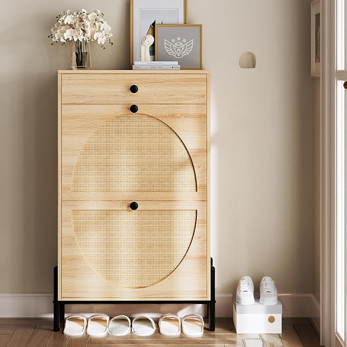 IRONCK Shoe Cabinet with 2 Flip Drawers, Shoe Storage Cabinet for Entryway, Free Standing Shoe Storage Organizer with Rattan Doors Slim Narrow Shoe Rack Cabinet, Oak