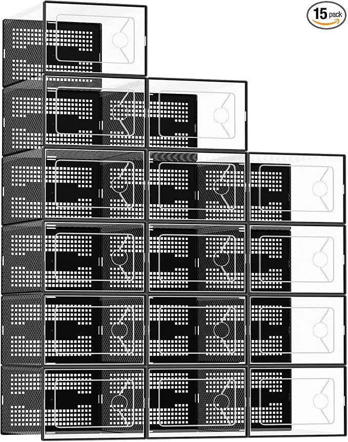 DUMOS Shoe Storage Boxes, 15 Pack Stackable Clear Shoe Containers with Lids, Display Sneaker Case Organizer for Closet, Under Bed, Entryway,Black, Fit Size 11
