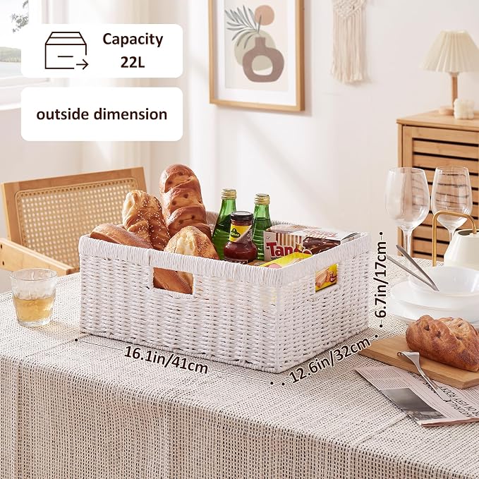 OIAHOMY Wicker Storage Basket, Rectangular Paper Rope Shelf Baskets with Built-in Handles, Woven Decorative Organizer for Pantry, Shelves, Living Room and Bathroom, 1-Pack White