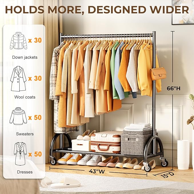 KEETDY Heavy Duty Clothing Racks for Hanging Clothes Heavy Duty Clothes Rack Rolling Garment Rack with Wheels Freestanding Closet Racks, 210 LBS Load Capacity for Coats, Garment, Dress, Shirt, Black