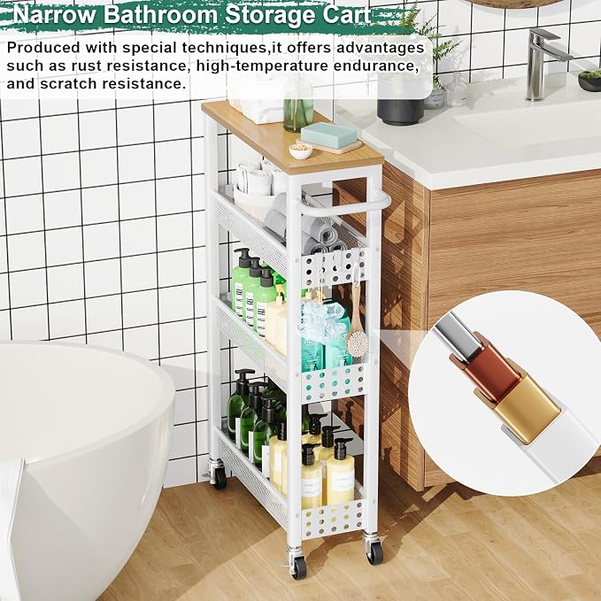 Slim Rolling Storage Cart, Laundry Room Organization and Storage Shelves for Between Washer and Dryer, Narrow Shelf Unit for Small Spaces, 4 Tier Thin Organizer Carts with Wheels for Bathroom, Kitchen