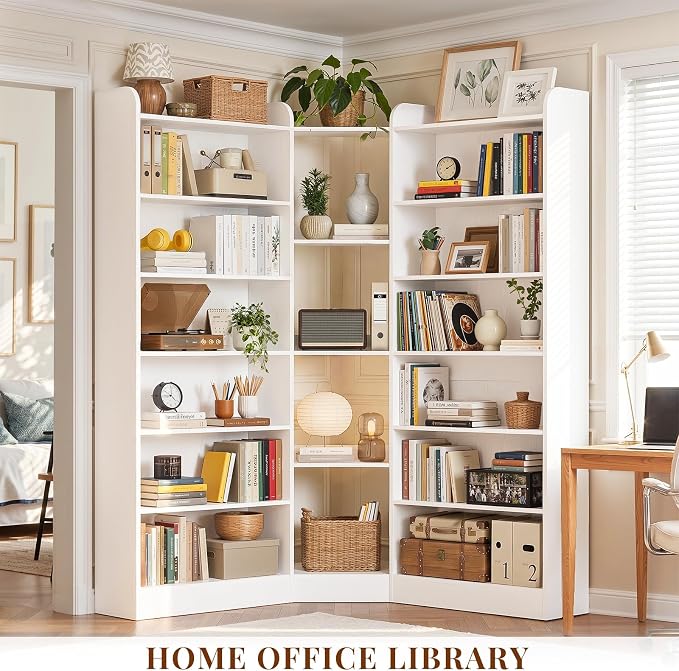 Unikito 71.3" Tall Corner Bookshelf Etagere Bookcase with Baffle, White | Large L-Shaped Asymmetric 7 Tiers Freestanding Storage Organizer Display Stand Shelf for Home Office, Living Room