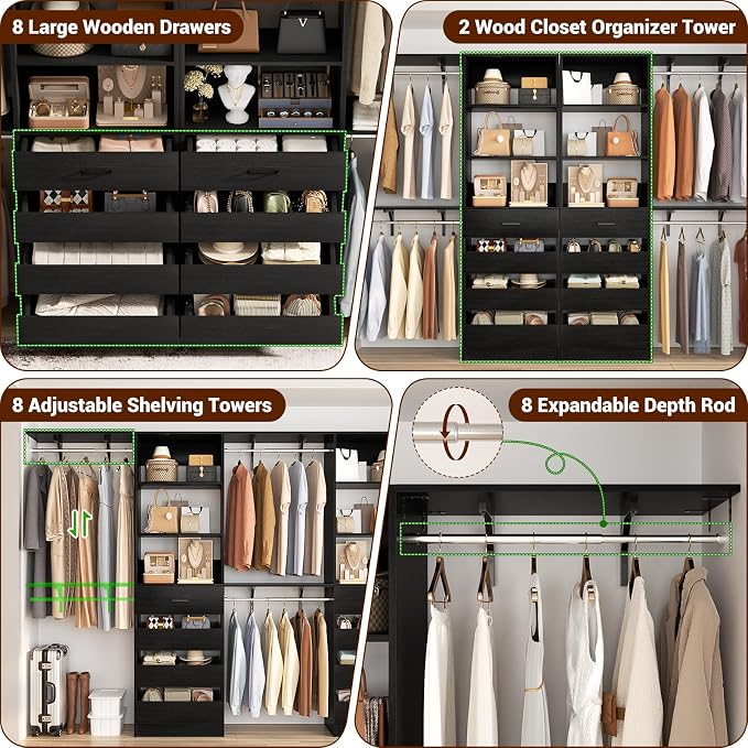 Aheaplus Closet System with Drawers Set of 2, Wood Closet Organizer System with 8 Hanging Rods & Top Shelves, Walk-in Closets Organizer Wardrobe Clothes Rack System, Cut Fits Spaces 4-9FT. Wide, Black