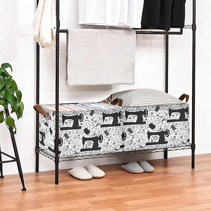 Black White Sewing Tools Printed Storage Basket Foldable Cube Storage Bins with Handles&Label Collapsible Organizer Box Bin Large Rectangle Decorative Baskets for Shelves Home Living Room Closet