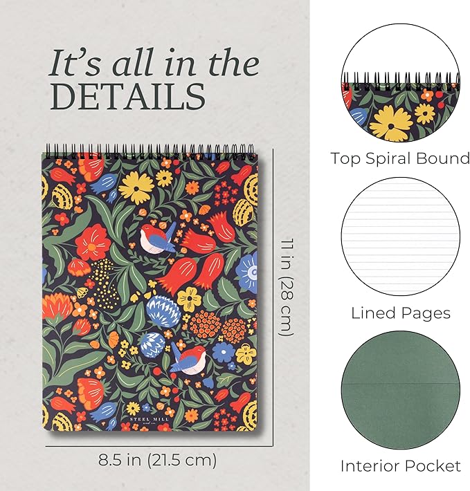 Steel Mill & Co Large Top Spiral Notebook College Ruled, 11" x 8.5" with Artist-Designed Cover and 160 Lined Pages, Wanderlust Black