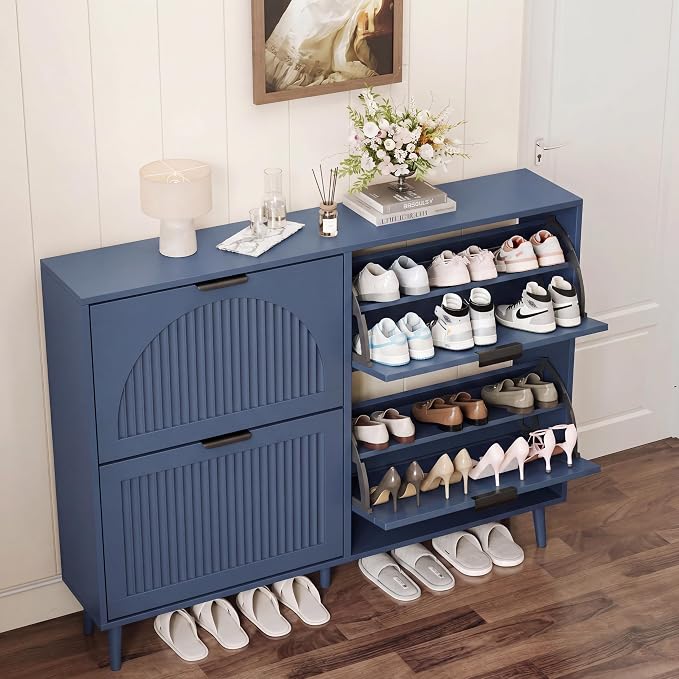 Shoe Storage Cabinet with 4 Flip Drawers, Narrow Wood Shoe Organizer Cabinet with Fluted Panel, Slim Shoe Rack for Entryway, Freestanding Shoe Cabinet for Living Room, Hallway, Blue