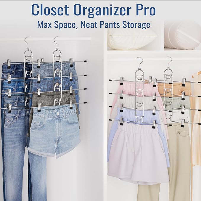 Pants Hangers With Clips, Newly Upgraded Detachable Space Saving Hangers for Skirts, Shorts & Trousers with Non slip clip,Heavy Duty Skirt Hangers - Hanging Closet Organizer And Storage,Patent Pending