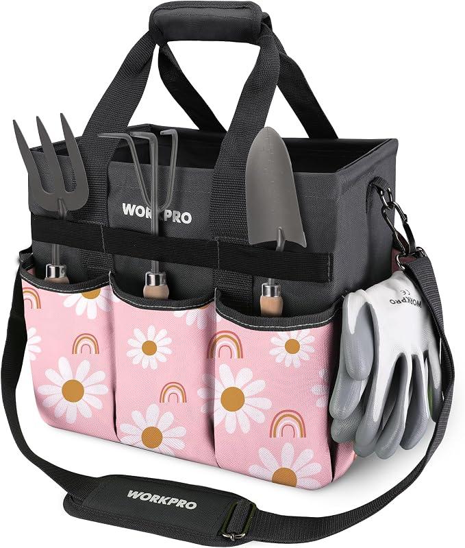 WORKPRO Garden Tool Bag, 10 Pockets and Shoulder Strap, Floral Pink | Heavy Duty Gardening Organizer Tote Bag Standable Garden Home Tool Kits Organizer - Pink Ribbon