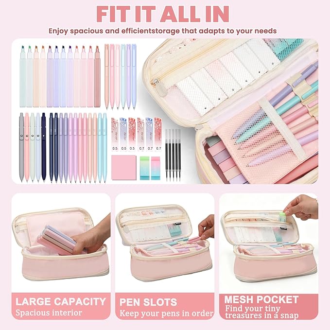 50 PCS Aesthetic School Supplies with Cute Pen Case,12 Pastel Highlighters,5 Black Ink Gel Pens, 12 Mechanical Pencils Set 0.5 & 0.7 mm 6 Color Gel Pens for Students Stationary College Essentials Pink